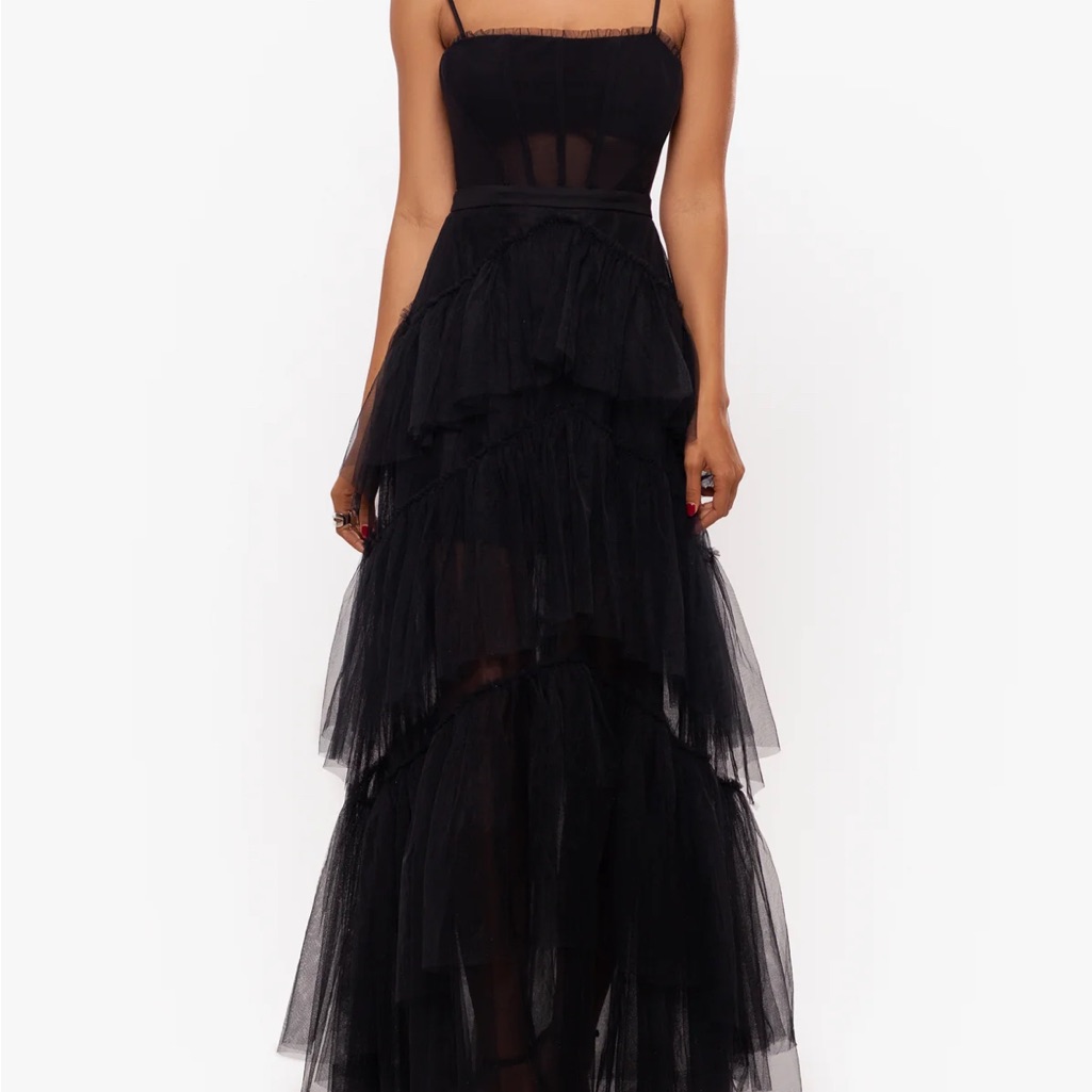 Betsy And Adam: Elegant Black Tiered Evening Dress (Prom)